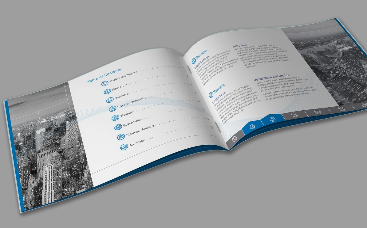 Open brochure spread showing the table of contents and service descriptions