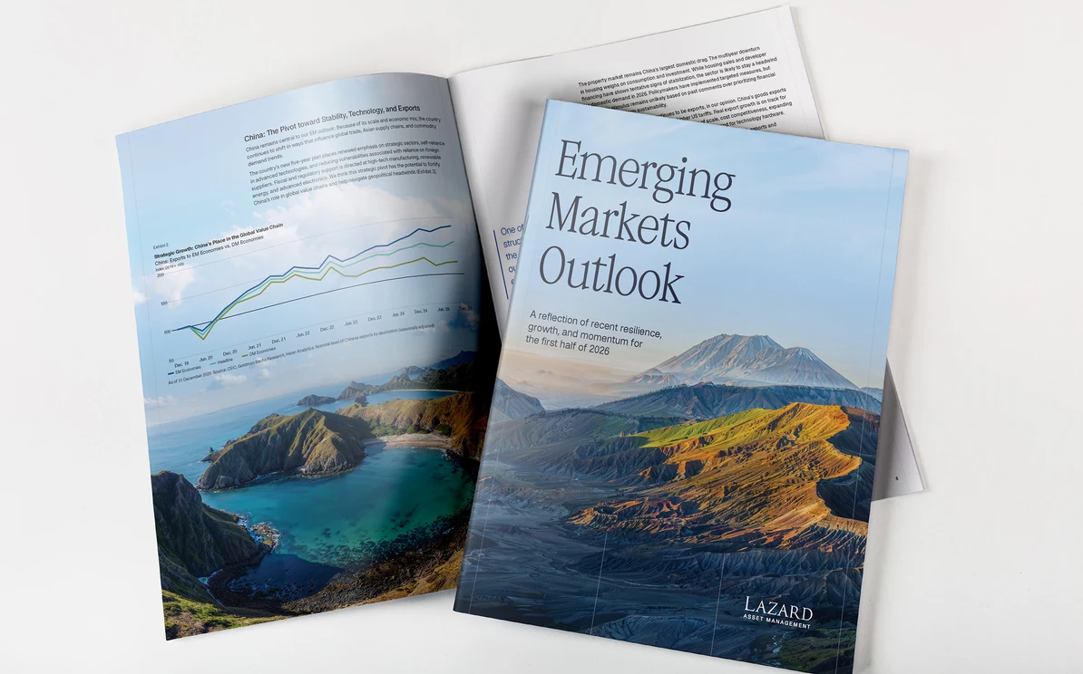 Emerging Markets Outlook cover and interior spread with exhibit chart